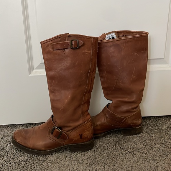 Frye Tall Brown Leather Buckle Boots - Picture 2 of 4